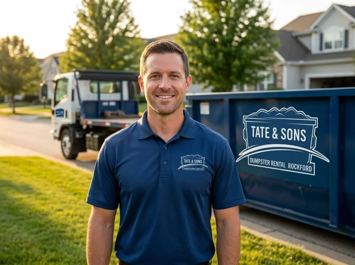 Our dumpster rental process in Rockford Tate & Sons driver beside a roll-off dumpster on a Rockford, IL property