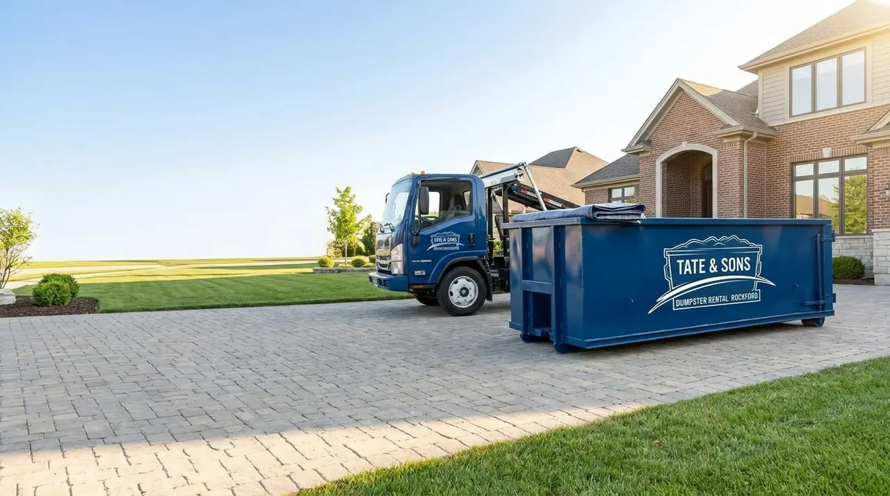 Local dumpster rental in Rockford Tate & Sons Dumpster Rental Rockford roll-off dumpster delivered to a residential driveway in Rockford, IL